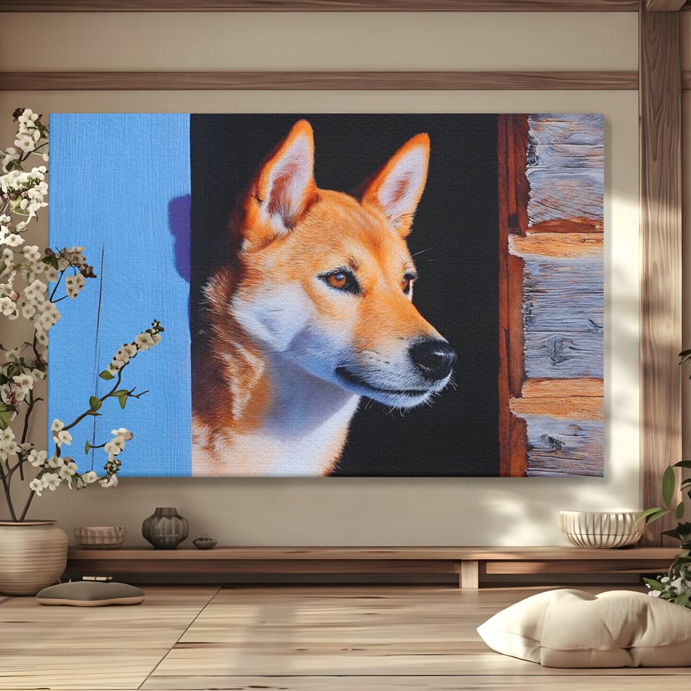 Tablou canvas cu tablou canvas cu portret de caine shiba, fara rama, pe sasiu de lemn